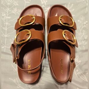 Soda Women's Brown Sandals with Gold Accents -